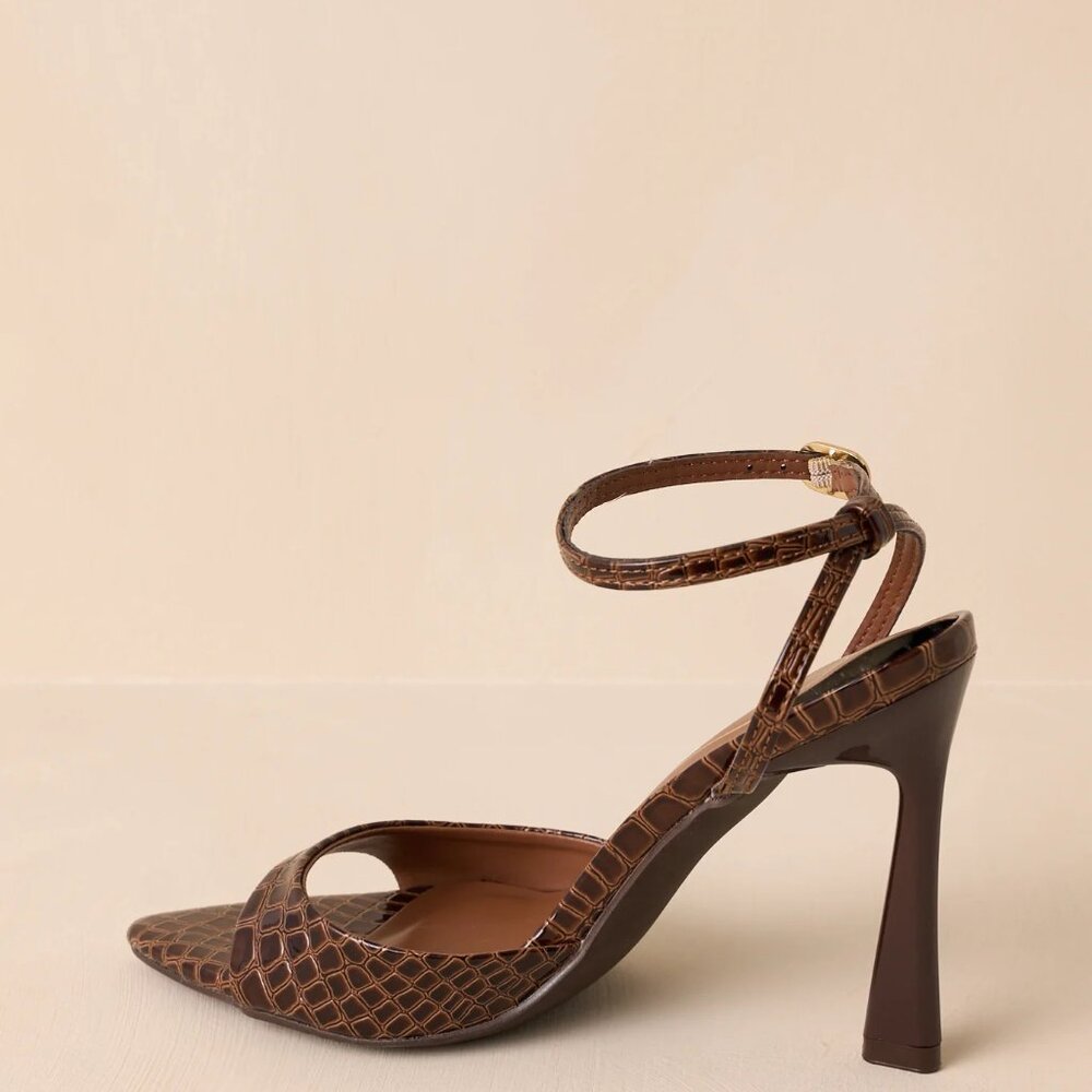 New Brown Crocodile Embossed Pointed Open Toe Stiletto Heel Sandals Ankle Strap - Picture 6 of 7